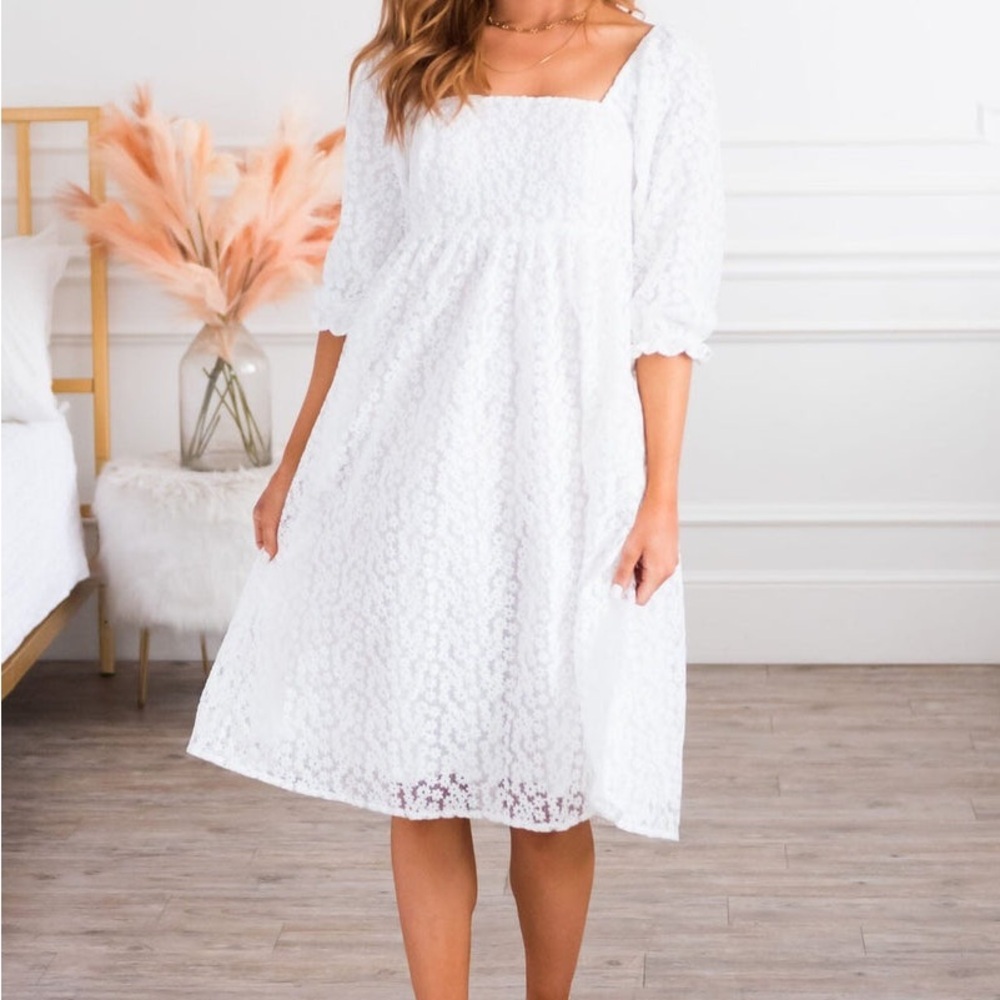 Mikarose Floral White Midi Bridal Dress